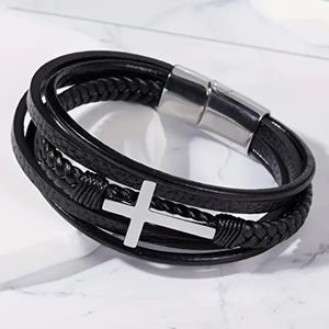 NEW Silver Cross Leather Multi Strand Bracelet with Gift Bag!